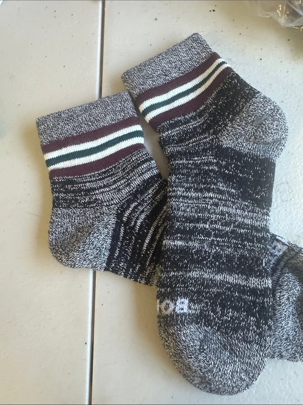 Men's Marled Black & Gray Ankle Socks with Stripe Cuff Merino Wool Blend R191